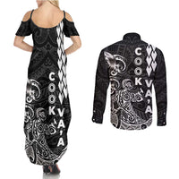 Cook Islands Va'a Polynesian Art Tattoo Couples Matching Summer Maxi Dress and Long Sleeve Button Shirt Black Color LT03 - Polynesian Pride