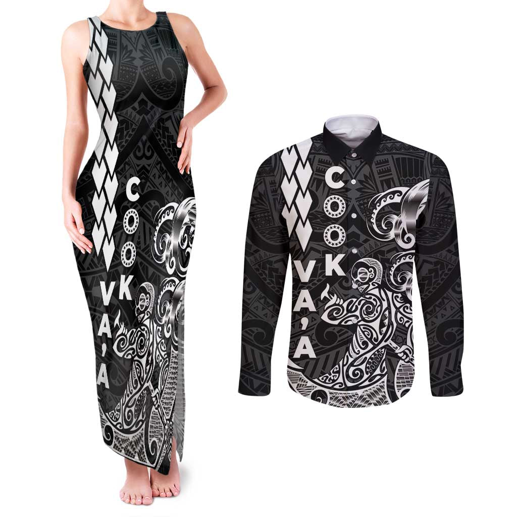 Cook Islands Va'a Polynesian Art Tattoo Couples Matching Tank Maxi Dress and Long Sleeve Button Shirt Black Color LT03 Black - Polynesian Pride