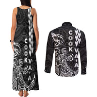 Cook Islands Va'a Polynesian Art Tattoo Couples Matching Tank Maxi Dress and Long Sleeve Button Shirt Black Color LT03 - Polynesian Pride