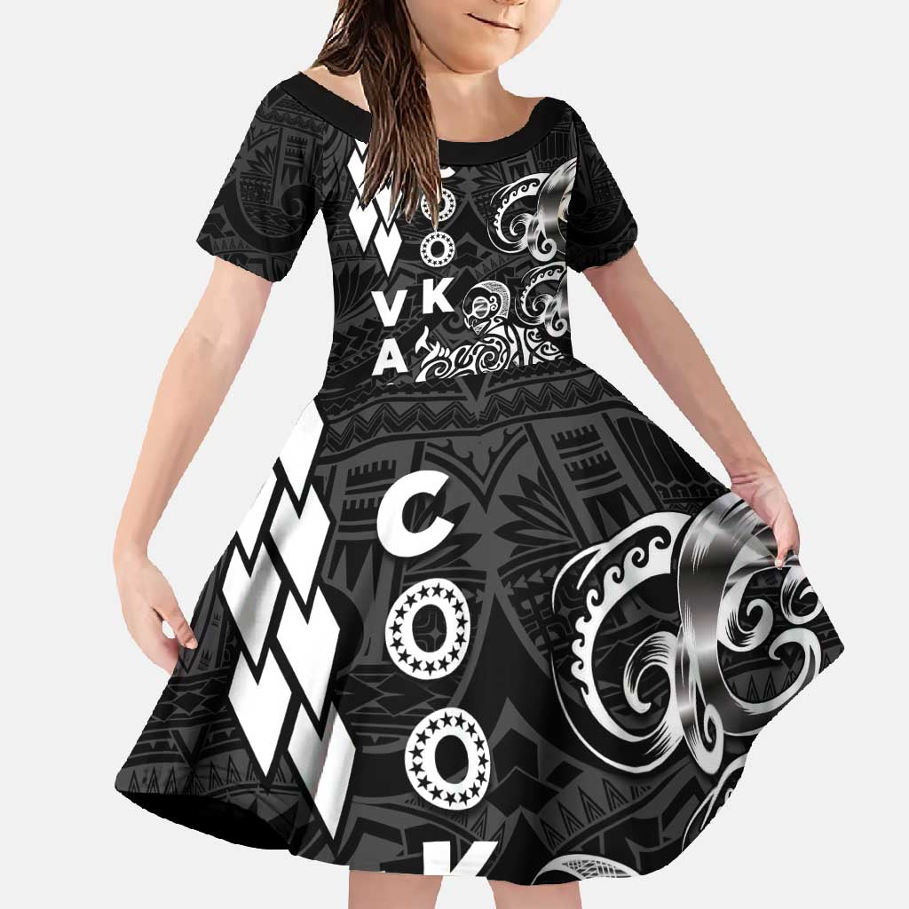 Cook Islands Va'a Polynesian Art Tattoo Family Matching Mermaid Dress and Hawaiian Shirt Black Color LT03 Daughter's Dress Black - Polynesian Pride