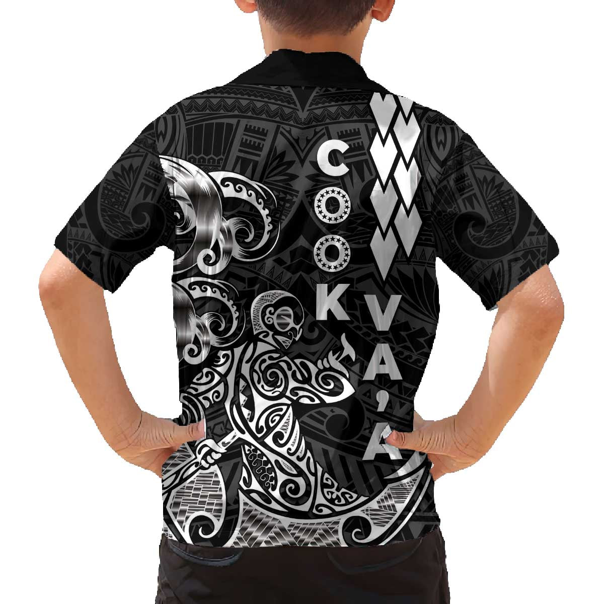 Cook Islands Va'a Polynesian Art Tattoo Family Matching Off The Shoulder Long Sleeve Dress and Hawaiian Shirt Black Color LT03 - Polynesian Pride