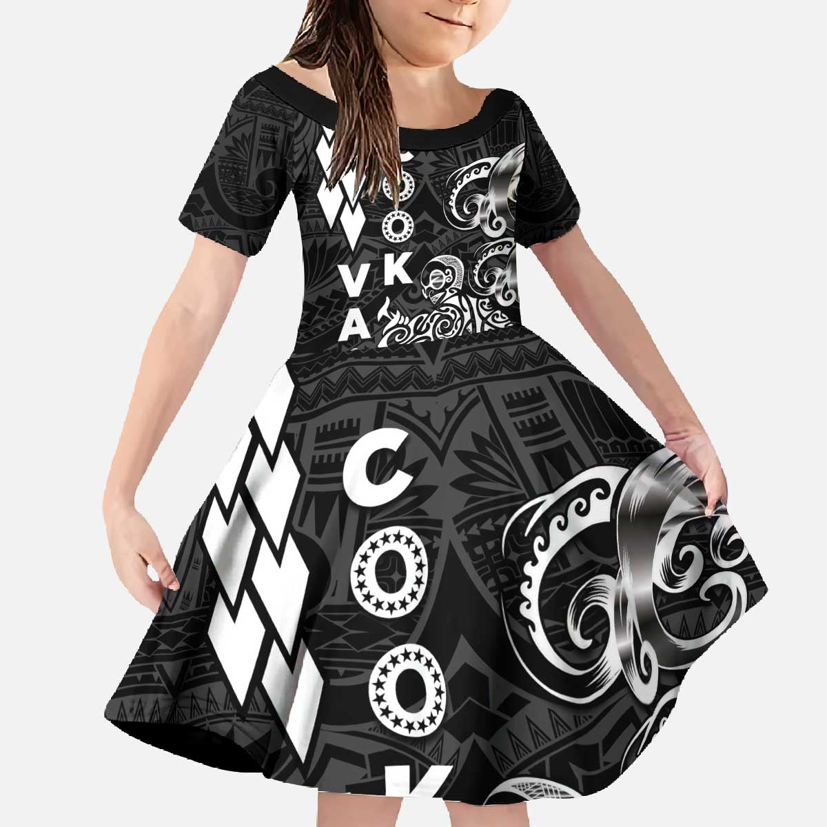 Cook Islands Va'a Polynesian Art Tattoo Family Matching Off The Shoulder Long Sleeve Dress and Hawaiian Shirt Black Color LT03 Daughter's Dress Black - Polynesian Pride