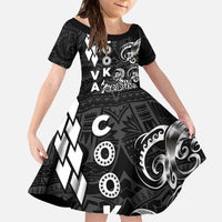 Cook Islands Va'a Polynesian Art Tattoo Family Matching Off The Shoulder Long Sleeve Dress and Hawaiian Shirt Black Color LT03 Daughter's Dress Black - Polynesian Pride