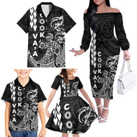 Cook Islands Va'a Polynesian Art Tattoo Family Matching Off The Shoulder Long Sleeve Dress and Hawaiian Shirt Black Color LT03 - Polynesian Pride