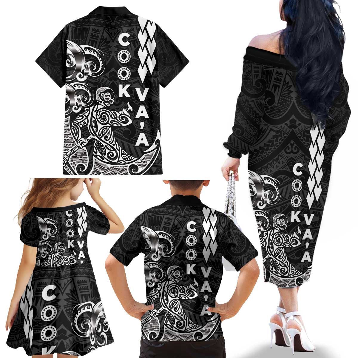 Cook Islands Va'a Polynesian Art Tattoo Family Matching Off The Shoulder Long Sleeve Dress and Hawaiian Shirt Black Color LT03 - Polynesian Pride