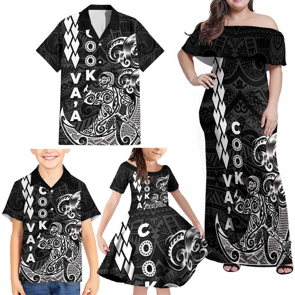 Cook Islands Va'a Polynesian Art Tattoo Family Matching Off Shoulder Maxi Dress and Hawaiian Shirt Black Color LT03 - Polynesian Pride
