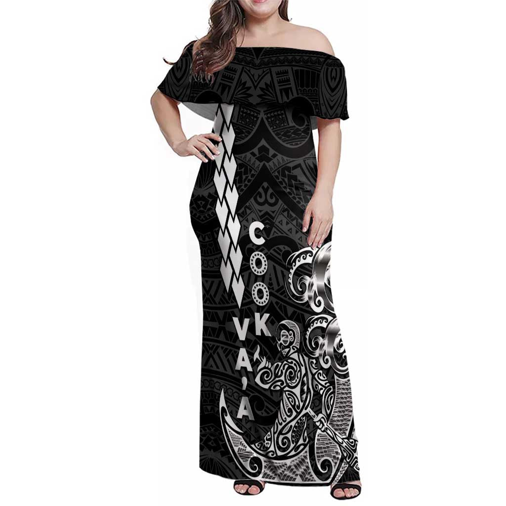 Cook Islands Va'a Polynesian Art Tattoo Family Matching Off Shoulder Maxi Dress and Hawaiian Shirt Black Color LT03 Mom's Dress Black - Polynesian Pride