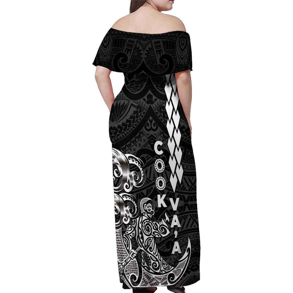 Cook Islands Va'a Polynesian Art Tattoo Family Matching Off Shoulder Maxi Dress and Hawaiian Shirt Black Color LT03 - Polynesian Pride