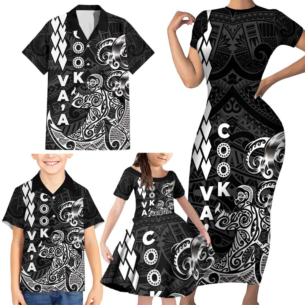 Cook Islands Va'a Polynesian Art Tattoo Family Matching Short Sleeve Bodycon Dress and Hawaiian Shirt Black Color LT03 - Polynesian Pride