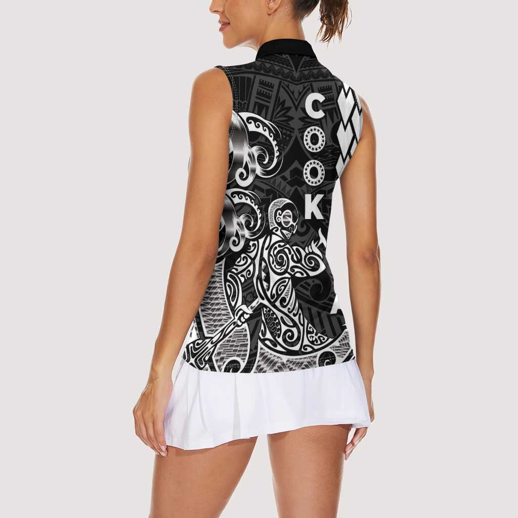Cook Islands Va'a Polynesian Art Tattoo Women Sleeveless Polo Shirt Black Color LT03 - Polynesian Pride