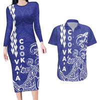 Cook Islands Va'a Polynesian Art Tattoo Couples Matching Long Sleeve Bodycon Dress and Hawaiian Shirt Blue Color LT03 Blue - Polynesian Pride