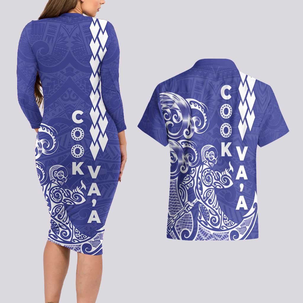 Cook Islands Va'a Polynesian Art Tattoo Couples Matching Long Sleeve Bodycon Dress and Hawaiian Shirt Blue Color LT03 - Polynesian Pride