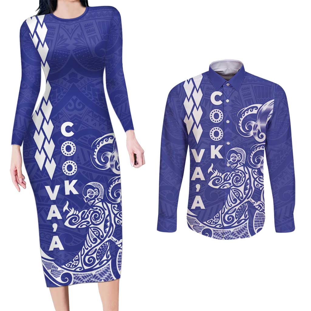 Cook Islands Va'a Polynesian Art Tattoo Couples Matching Long Sleeve Bodycon Dress and Long Sleeve Button Shirt Blue Color LT03 Blue - Polynesian Pride