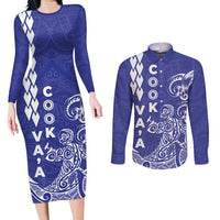 Cook Islands Va'a Polynesian Art Tattoo Couples Matching Long Sleeve Bodycon Dress and Long Sleeve Button Shirt Blue Color LT03 Blue - Polynesian Pride