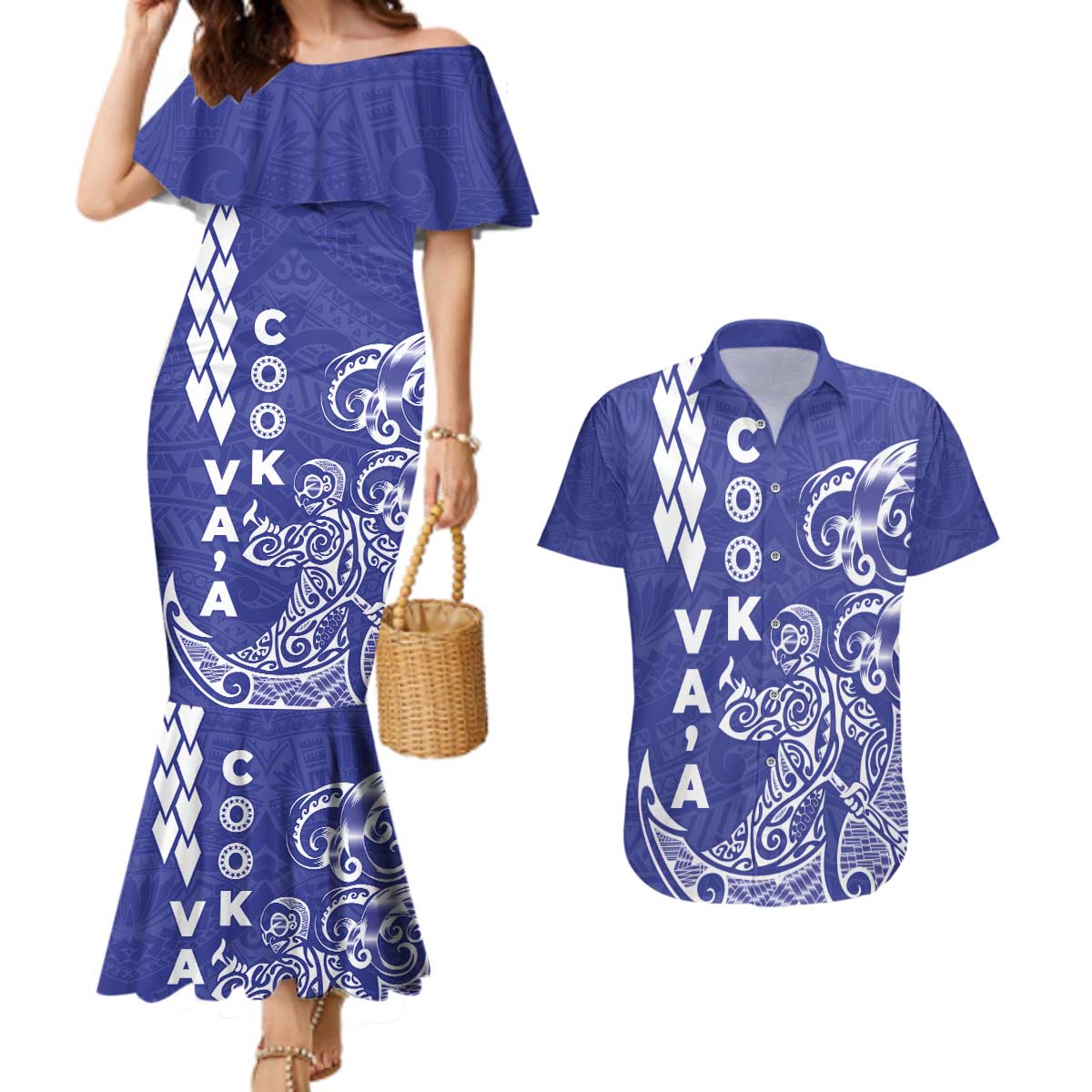 Cook Islands Va'a Polynesian Art Tattoo Couples Matching Mermaid Dress and Hawaiian Shirt Blue Color LT03 Blue - Polynesian Pride