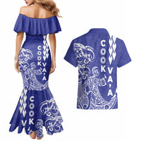 Cook Islands Va'a Polynesian Art Tattoo Couples Matching Mermaid Dress and Hawaiian Shirt Blue Color LT03 - Polynesian Pride