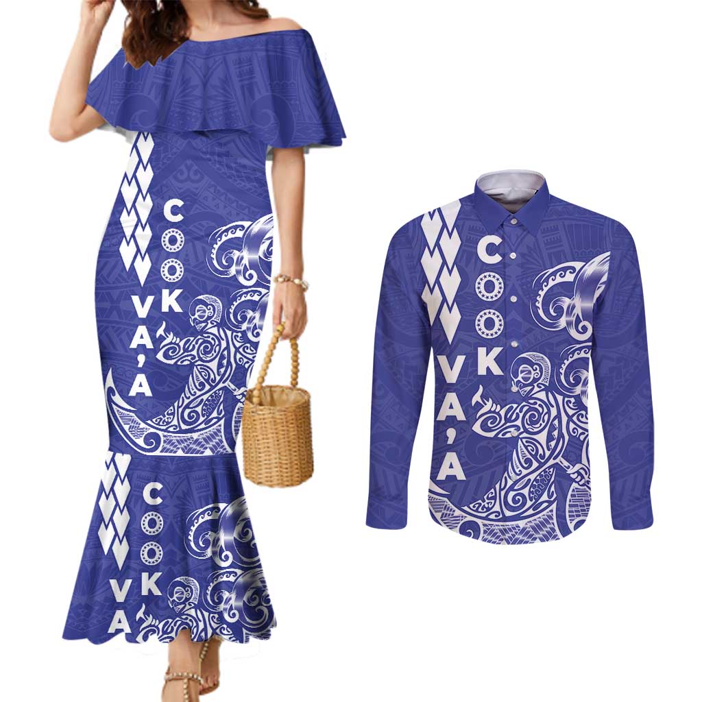 Cook Islands Va'a Polynesian Art Tattoo Couples Matching Mermaid Dress and Long Sleeve Button Shirt Blue Color LT03 Blue - Polynesian Pride