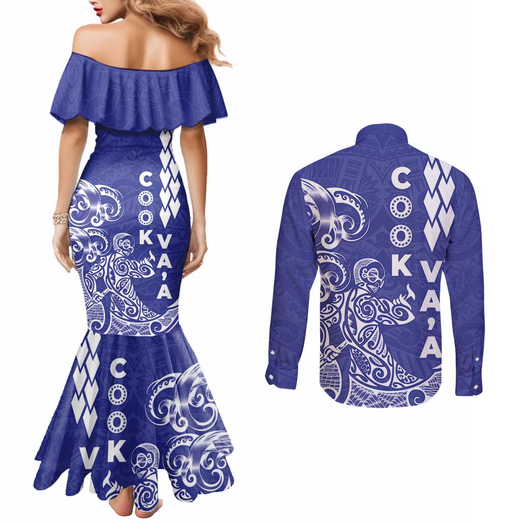 Cook Islands Va'a Polynesian Art Tattoo Couples Matching Mermaid Dress and Long Sleeve Button Shirt Blue Color LT03 - Polynesian Pride
