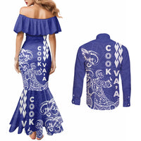 Cook Islands Va'a Polynesian Art Tattoo Couples Matching Mermaid Dress and Long Sleeve Button Shirt Blue Color LT03 - Polynesian Pride