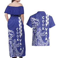 Cook Islands Va'a Polynesian Art Tattoo Couples Matching Off Shoulder Maxi Dress and Hawaiian Shirt Blue Color LT03 - Polynesian Pride
