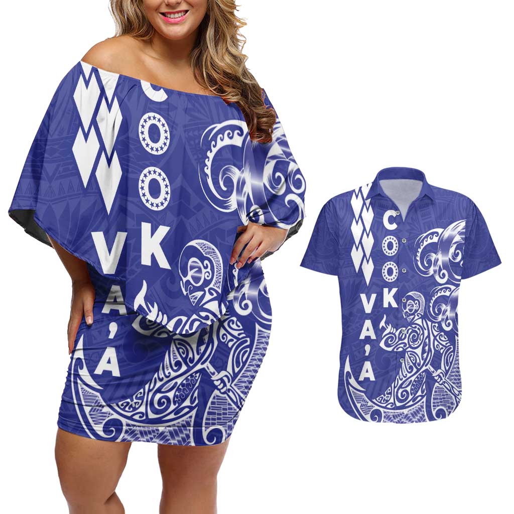 Cook Islands Va'a Polynesian Art Tattoo Couples Matching Off Shoulder Short Dress and Hawaiian Shirt Blue Color LT03 Blue - Polynesian Pride