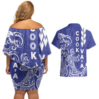Cook Islands Va'a Polynesian Art Tattoo Couples Matching Off Shoulder Short Dress and Hawaiian Shirt Blue Color LT03 - Polynesian Pride
