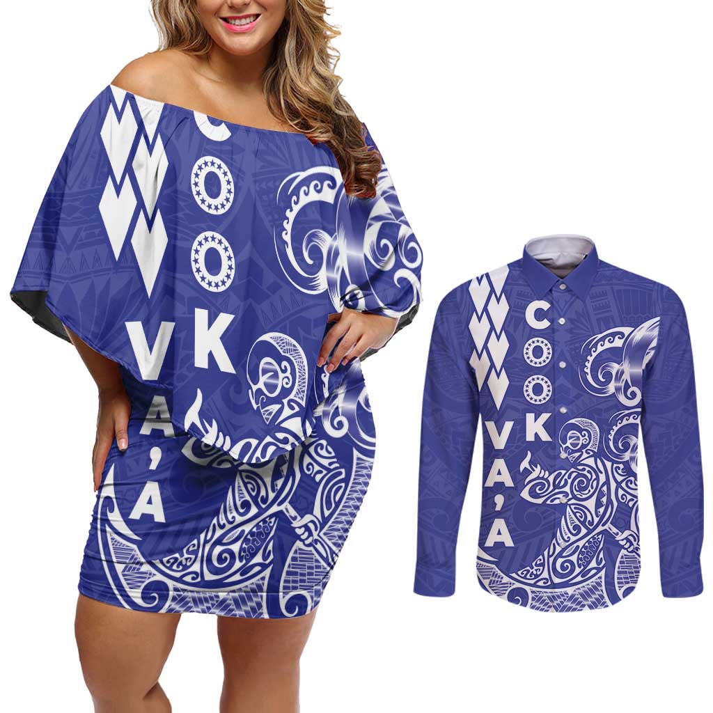 Cook Islands Va'a Polynesian Art Tattoo Couples Matching Off Shoulder Short Dress and Long Sleeve Button Shirt Blue Color LT03 Blue - Polynesian Pride
