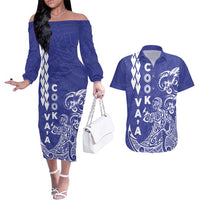 Cook Islands Va'a Polynesian Art Tattoo Couples Matching Off The Shoulder Long Sleeve Dress and Hawaiian Shirt Blue Color LT03 Blue - Polynesian Pride