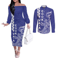 Cook Islands Va'a Polynesian Art Tattoo Couples Matching Off The Shoulder Long Sleeve Dress and Long Sleeve Button Shirt Blue Color LT03 Blue - Polynesian Pride