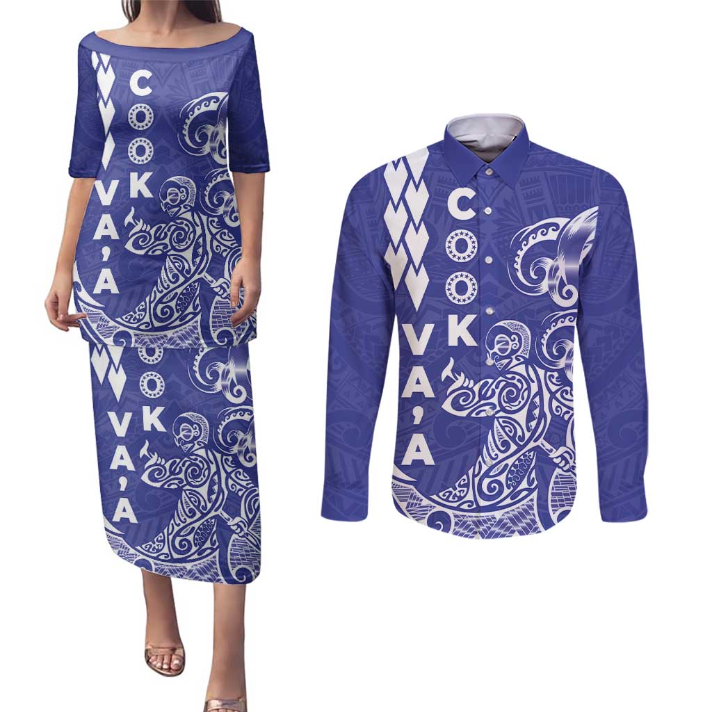 Cook Islands Vaa Polynesian Art Tattoo Couples Matching Puletasi and Long Sleeve Button Shirt Blue Color