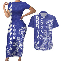 Cook Islands Va'a Polynesian Art Tattoo Couples Matching Short Sleeve Bodycon Dress and Hawaiian Shirt Blue Color LT03 Blue - Polynesian Pride