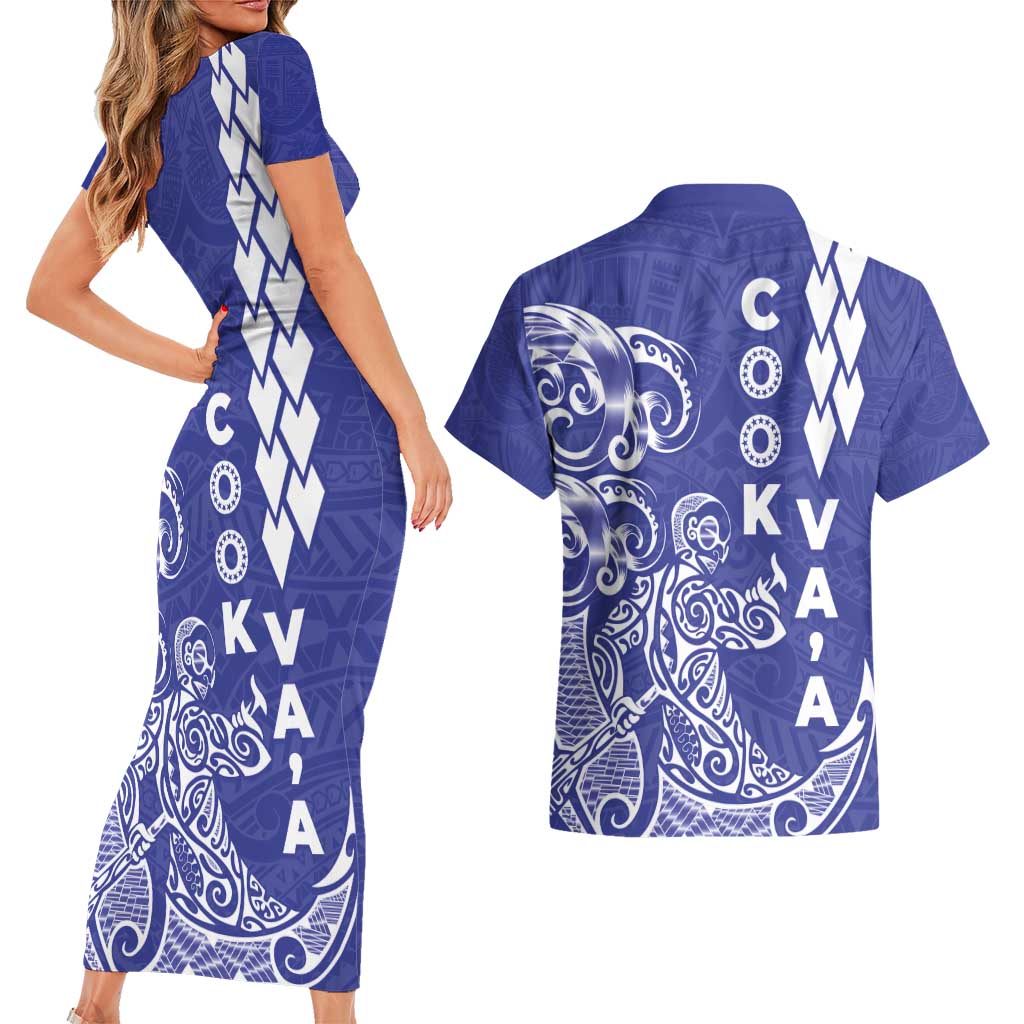 Cook Islands Va'a Polynesian Art Tattoo Couples Matching Short Sleeve Bodycon Dress and Hawaiian Shirt Blue Color LT03 - Polynesian Pride