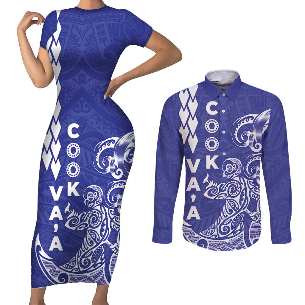 Cook Islands Va'a Polynesian Art Tattoo Couples Matching Short Sleeve Bodycon Dress and Long Sleeve Button Shirt Blue Color LT03 Blue - Polynesian Pride