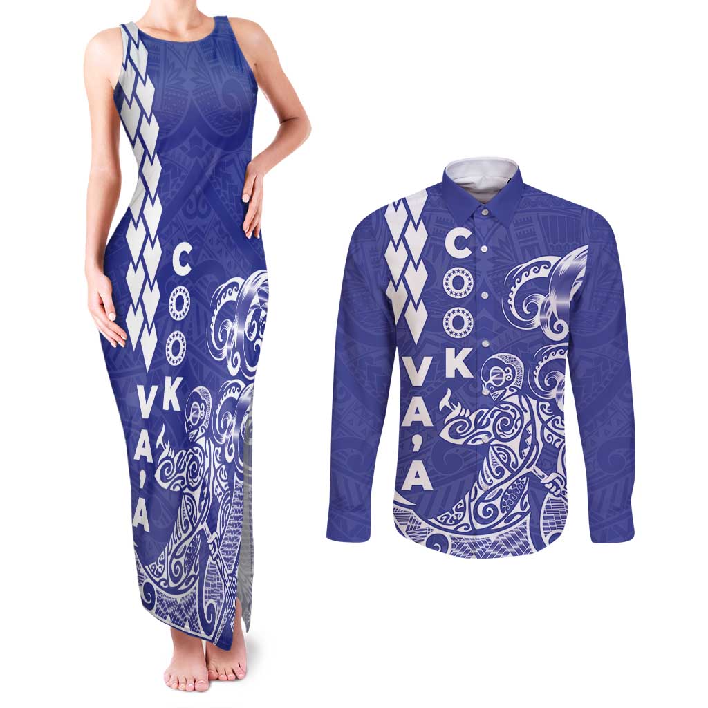 Cook Islands Va'a Polynesian Art Tattoo Couples Matching Tank Maxi Dress and Long Sleeve Button Shirt Blue Color LT03 Blue - Polynesian Pride