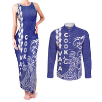 Cook Islands Va'a Polynesian Art Tattoo Couples Matching Tank Maxi Dress and Long Sleeve Button Shirt Blue Color LT03 Blue - Polynesian Pride