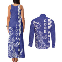 Cook Islands Va'a Polynesian Art Tattoo Couples Matching Tank Maxi Dress and Long Sleeve Button Shirt Blue Color LT03 - Polynesian Pride