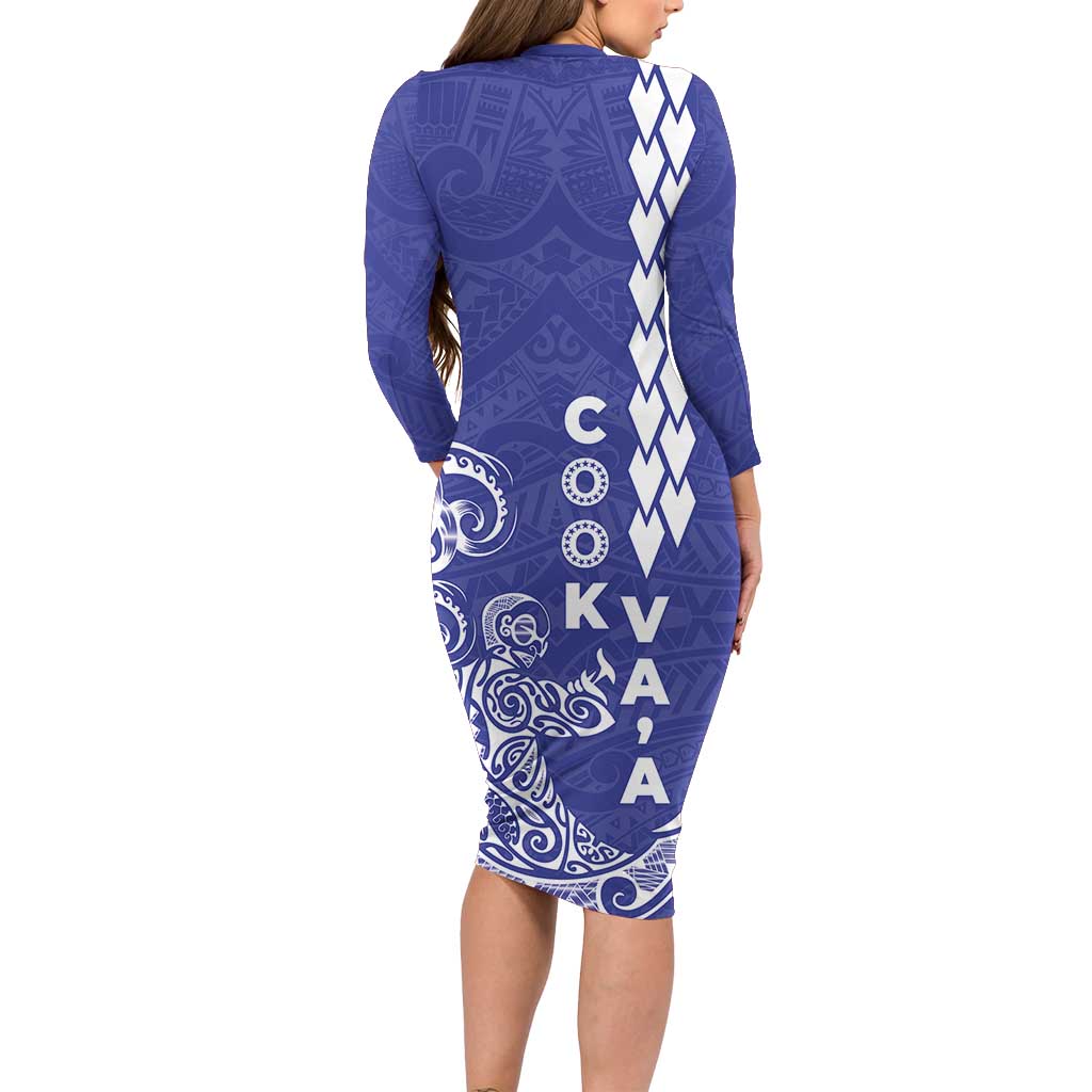 Cook Islands Va'a Polynesian Art Tattoo Family Matching Long Sleeve Bodycon Dress and Hawaiian Shirt Blue Color LT03 - Polynesian Pride