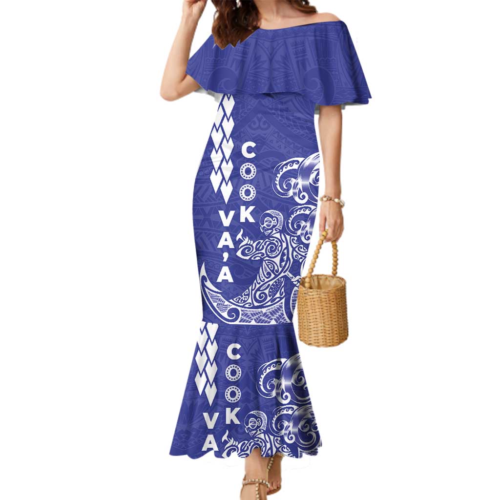 Cook Islands Va'a Polynesian Art Tattoo Family Matching Mermaid Dress and Hawaiian Shirt Blue Color LT03 Mom's Dress Blue - Polynesian Pride