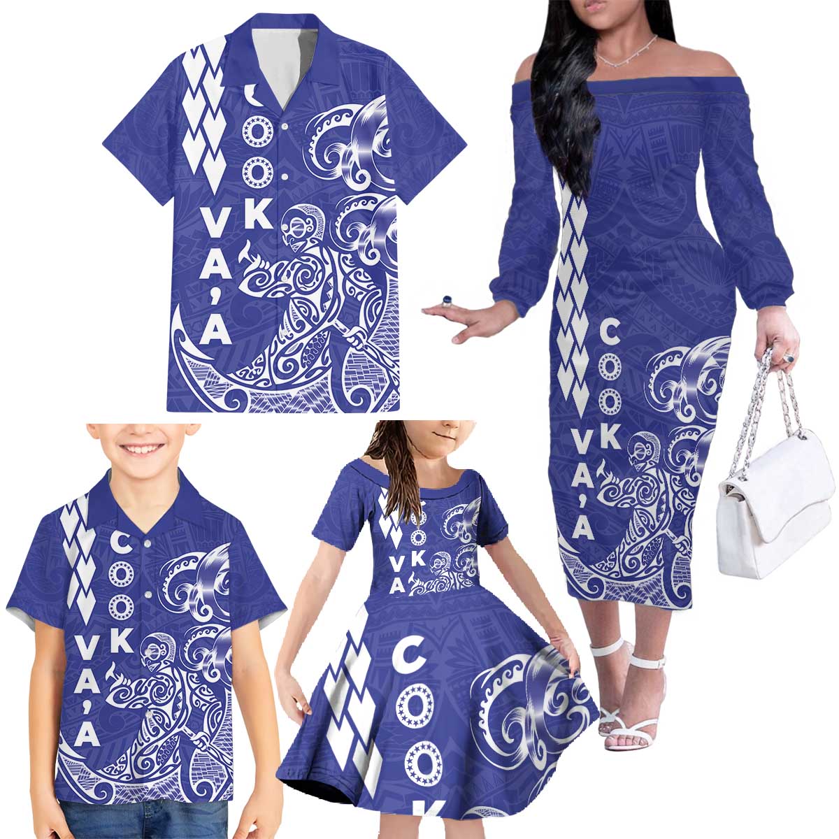 Cook Islands Va'a Polynesian Art Tattoo Family Matching Off The Shoulder Long Sleeve Dress and Hawaiian Shirt Blue Color LT03 - Polynesian Pride