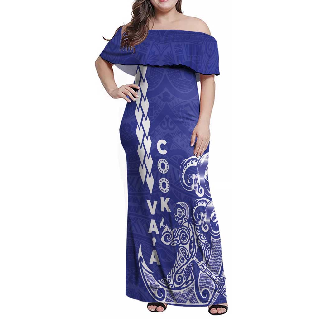 Cook Islands Va'a Polynesian Art Tattoo Family Matching Off Shoulder Maxi Dress and Hawaiian Shirt Blue Color LT03 Mom's Dress Blue - Polynesian Pride