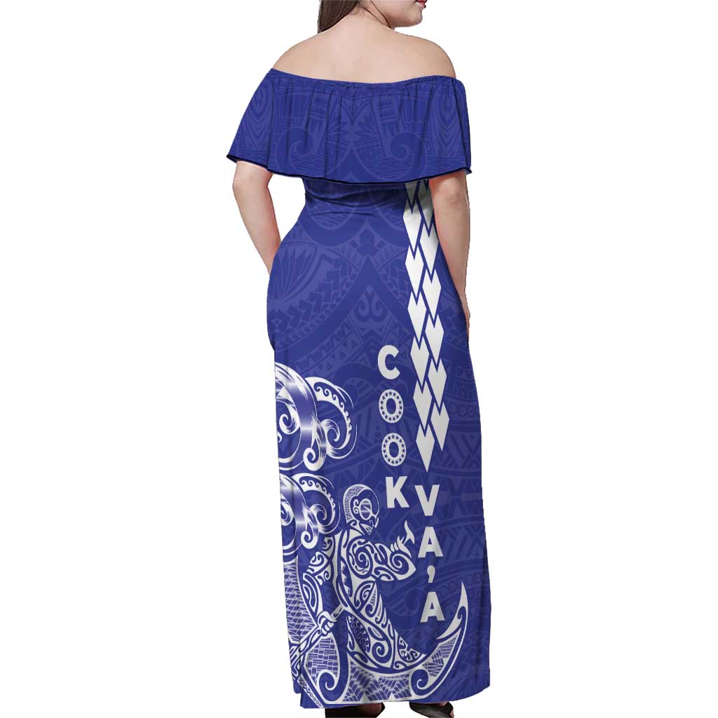 Cook Islands Va'a Polynesian Art Tattoo Family Matching Off Shoulder Maxi Dress and Hawaiian Shirt Blue Color LT03 - Polynesian Pride