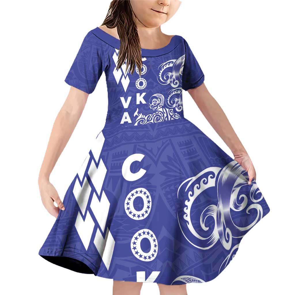 Cook Islands Va'a Polynesian Art Tattoo Family Matching Off Shoulder Short Dress and Hawaiian Shirt Blue Color LT03 Daughter's Dress Blue - Polynesian Pride