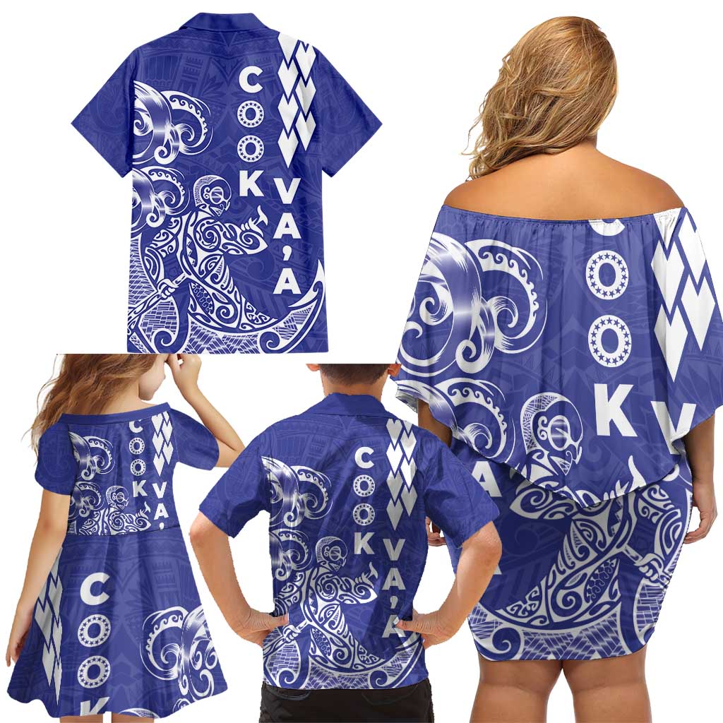 Cook Islands Va'a Polynesian Art Tattoo Family Matching Off Shoulder Short Dress and Hawaiian Shirt Blue Color LT03 - Polynesian Pride