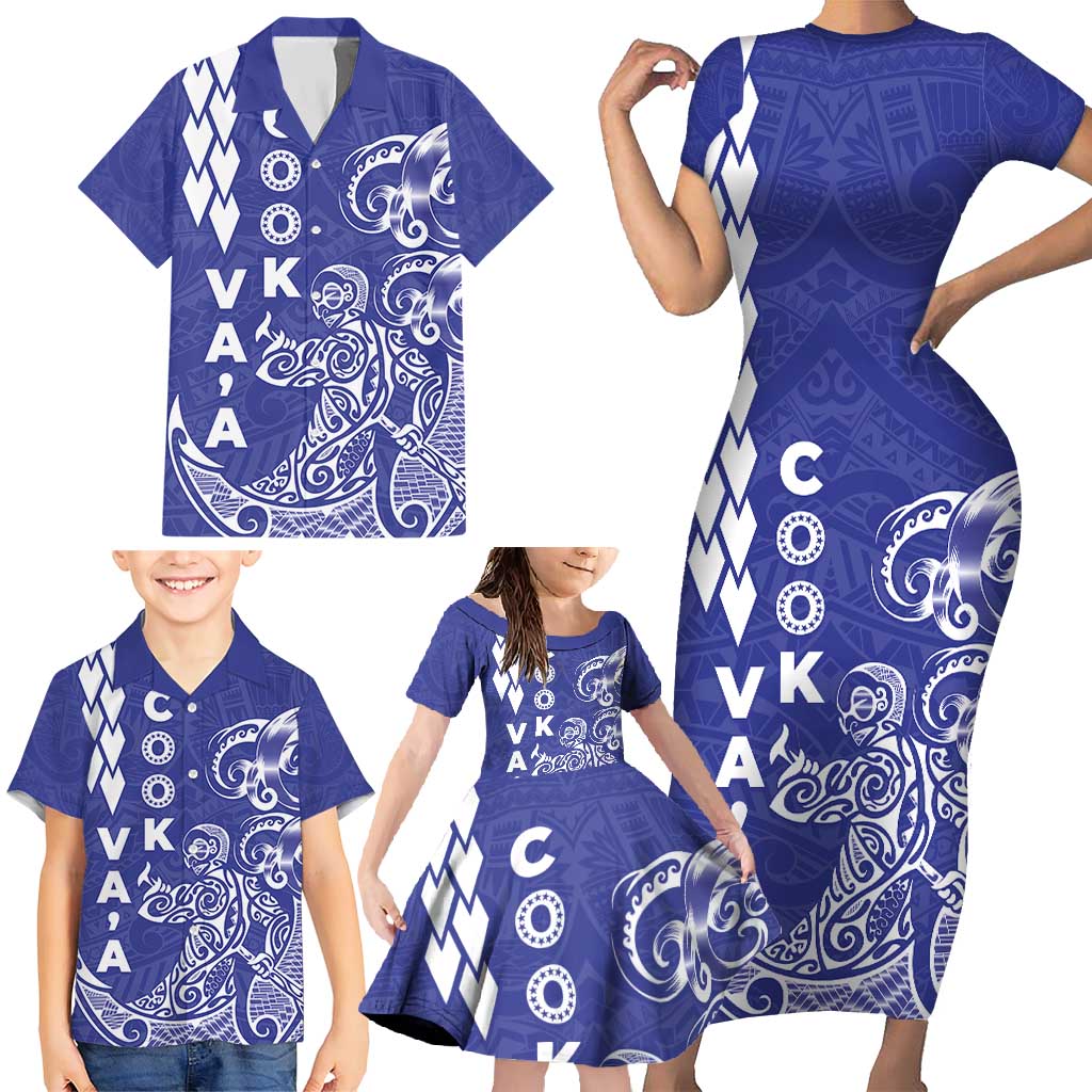 Cook Islands Va'a Polynesian Art Tattoo Family Matching Short Sleeve Bodycon Dress and Hawaiian Shirt Blue Color LT03 - Polynesian Pride