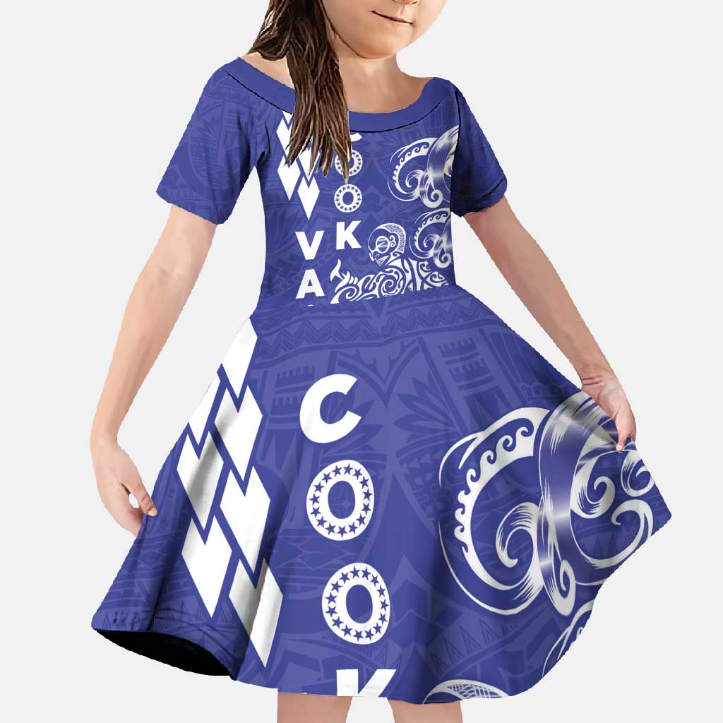 Cook Islands Va'a Polynesian Art Tattoo Family Matching Tank Maxi Dress and Hawaiian Shirt Blue Color LT03 Daughter's Dress Blue - Polynesian Pride