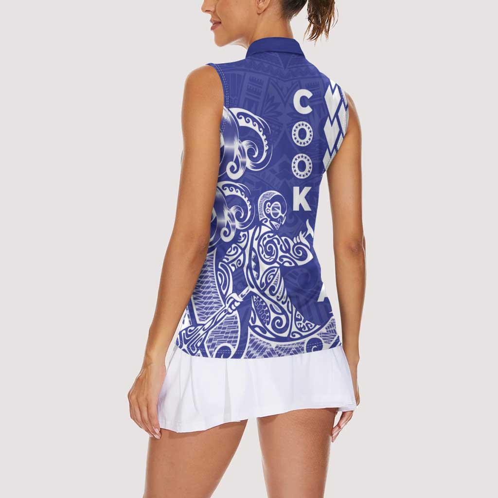 Cook Islands Va'a Polynesian Art Tattoo Women Sleeveless Polo Shirt Blue Color LT03 - Polynesian Pride