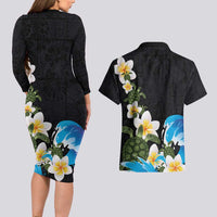 Hawaiian Plumeria and Turtle Couples Matching Long Sleeve Bodycon Dress and Hawaiian Shirt with Polynesian Tribal Art Pattern Vintage Vibes LT03 - Polynesian Pride