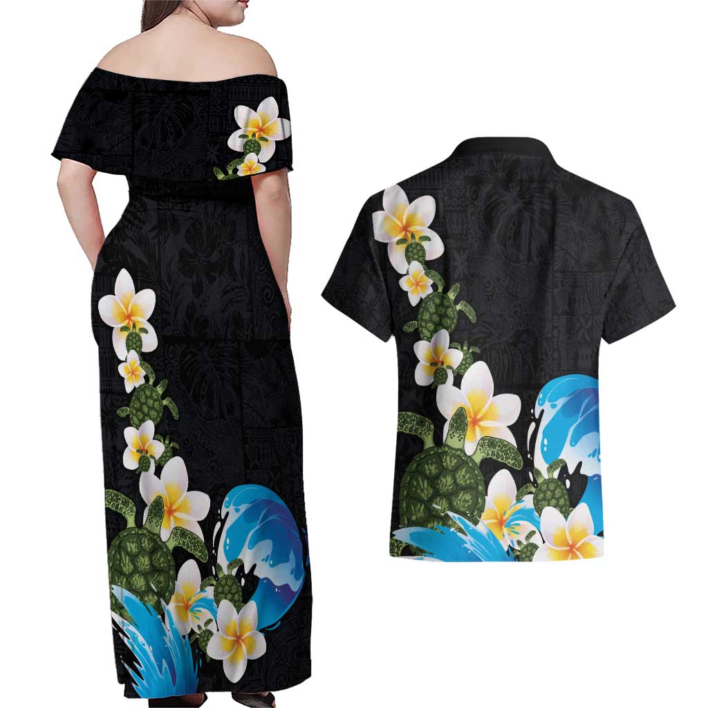 Hawaiian Plumeria and Turtle Couples Matching Off Shoulder Maxi Dress and Hawaiian Shirt with Polynesian Tribal Art Pattern Vintage Vibes LT03 - Polynesian Pride
