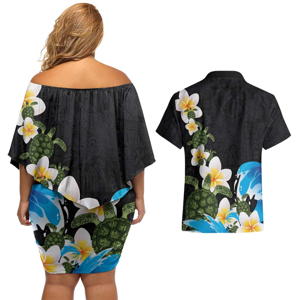Hawaiian Plumeria and Turtle Couples Matching Off Shoulder Short Dress and Hawaiian Shirt with Polynesian Tribal Art Pattern Vintage Vibes