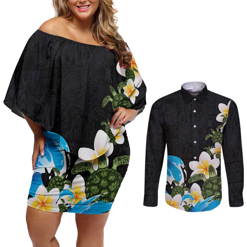 Hawaiian Plumeria and Turtle Couples Matching Off Shoulder Short Dress and Long Sleeve Button Shirt with Polynesian Tribal Art Pattern Vintage Vibes